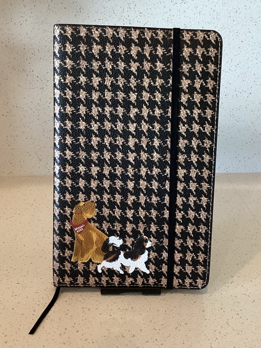 Michael Kors Houndstooth Notebook with Dogs Embellishment Black & Tan